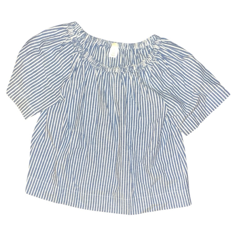 J. Crew Off Shoulder Smocked Collar Blue & White Striped Short Sleeve Top